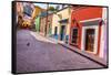 Red Pink Colorful Houses Narrow Street, Guanajuato, Mexico-William Perry-Framed Stretched Canvas