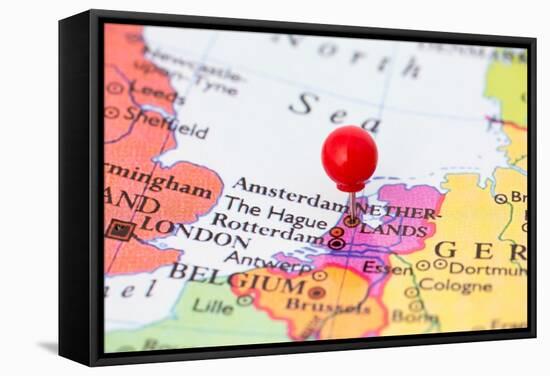 Red Pushpin On Map Of Netherlands-Bigandt_Photography-Framed Stretched Canvas