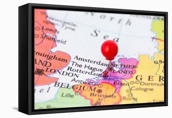 Red Pushpin On Map Of Netherlands-Bigandt_Photography-Framed Stretched Canvas