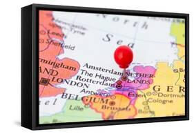 Red Pushpin On Map Of Netherlands-Bigandt_Photography-Framed Stretched Canvas