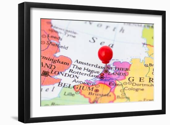 Red Pushpin On Map Of Netherlands-Bigandt_Photography-Framed Art Print