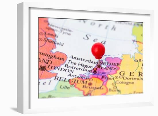 Red Pushpin On Map Of Netherlands-Bigandt_Photography-Framed Art Print