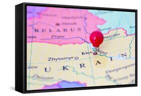 Red Pushpin On Map Of Ukraine-Bigandt_Photography-Framed Stretched Canvas