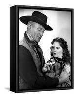 RED RIVER, 1948 directed by HOWARD HAWKS John Wayne and Joanne Dru (b/w photo)-null-Framed Stretched Canvas