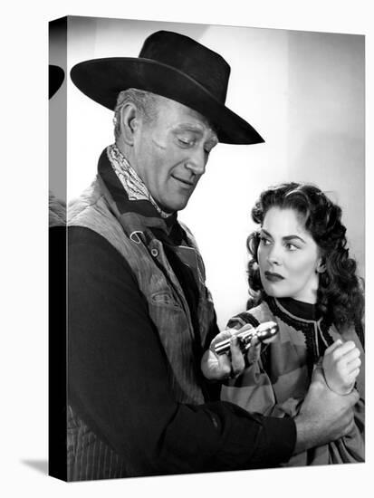 RED RIVER, 1948 directed by HOWARD HAWKS John Wayne and Joanne Dru (b/w photo)-null-Stretched Canvas