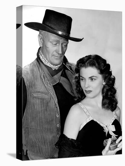 RED RIVER, 1948 directed by HOWARD HAWKS John Wayne and Joanne Dru (b/w photo)-null-Stretched Canvas