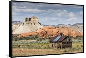 Red rock sandstone and old cabin just outside Kodachrome Basin State Park, Utah, United States of A-Michael Nolan-Framed Stretched Canvas