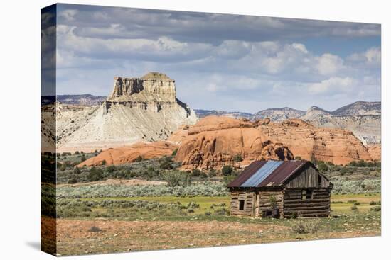 Red rock sandstone and old cabin just outside Kodachrome Basin State Park, Utah, United States of A-Michael Nolan-Stretched Canvas