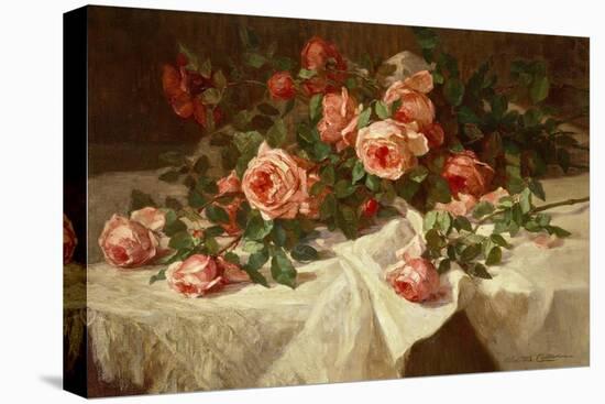Red Roses on White Lace-Alice B Chittenden-Stretched Canvas