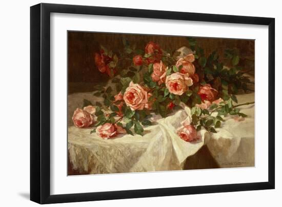 Red Roses on White Lace-Alice B Chittenden-Framed Art Print
