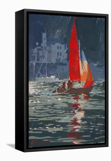 Red sail boat Salcombe - gouache - 2008-Jennifer Wright-Framed Stretched Canvas