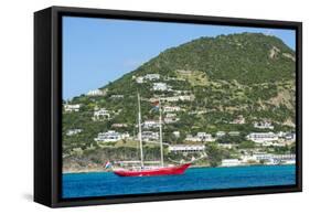 Red sailing boat in the bay of Philipsburg, Sint Maarten, West Indies, Caribbean, Central America-Michael Runkel-Framed Stretched Canvas