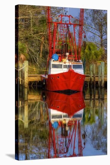 Red Shrimp Boat Docked in Harbor, Apalachicola, Florida, USA-Joanne Wells-Stretched Canvas