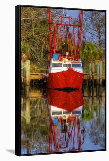 Red Shrimp Boat Docked in Harbor, Apalachicola, Florida, USA-Joanne Wells-Framed Stretched Canvas