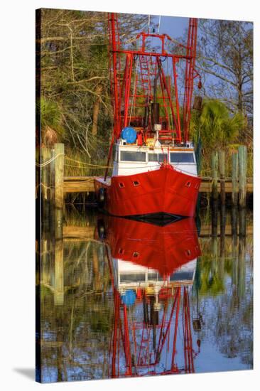 Red Shrimp Boat Docked in Harbor, Apalachicola, Florida, USA-Joanne Wells-Stretched Canvas