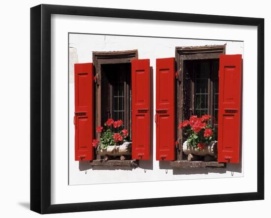 Red Shuttered Windows and Geraniums, Tasch, Near Zermatt, Valais, Switzerland-Ruth Tomlinson-Framed Premium Photographic Print