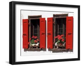 Red Shuttered Windows and Geraniums, Tasch, Near Zermatt, Valais, Switzerland-Ruth Tomlinson-Framed Photographic Print