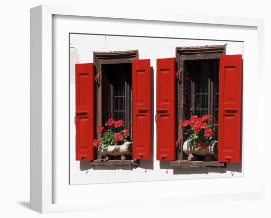 Red Shuttered Windows and Geraniums, Tasch, Near Zermatt, Valais, Switzerland-Ruth Tomlinson-Framed Photographic Print