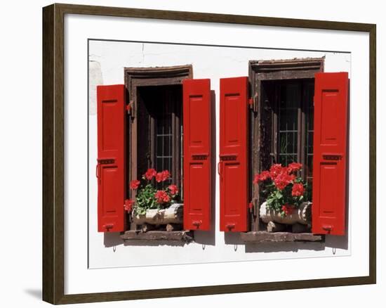 Red Shuttered Windows and Geraniums, Tasch, Near Zermatt, Valais, Switzerland-Ruth Tomlinson-Framed Photographic Print