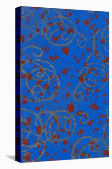 Red Spots on Blue with Gold Squiggles-Found Image Holdings Inc-Stretched Canvas