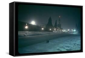Red Star Atop Kremlin Tower Glowing Against Night-Dim Sky in Snow-Covered, Wintry Moscow, Ussr-Carl Mydans-Framed Stretched Canvas