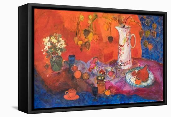 Red Still Life with White Jug and Fruit.-Ann Oram-Framed Stretched Canvas