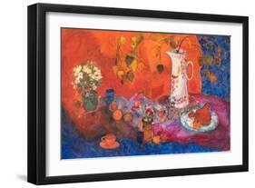Red Still Life with White Jug and Fruit.-Ann Oram-Framed Giclee Print