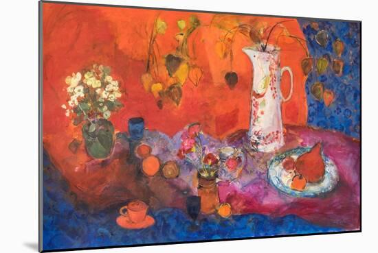 Red Still Life with White Jug and Fruit.-Ann Oram-Mounted Giclee Print