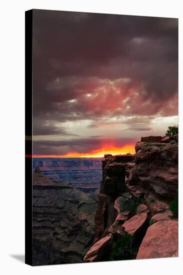 Red sunset with moody clouds and red rock canyons in Dead Horse Point State Park near Moab, Utah-David Chang-Stretched Canvas