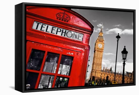 Red Telephone Booth and Big Ben in London, England, the Uk. the Symbols of London on Black on White-Michal Bednarek-Framed Stretched Canvas