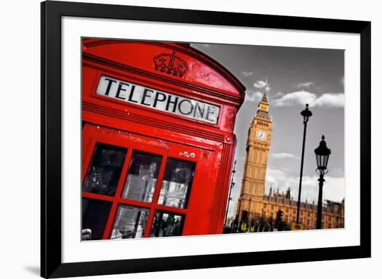 Red Telephone Booth and Big Ben in London, England, the Uk. the Symbols of London on Black on White-Michal Bednarek-Framed Photographic Print