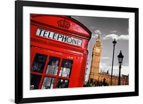 Red Telephone Booth and Big Ben in London, England, the Uk. the Symbols of London on Black on White-Michal Bednarek-Framed Photographic Print