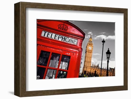 Red Telephone Booth and Big Ben in London, England, the Uk. the Symbols of London on Black on White-Michal Bednarek-Framed Photographic Print