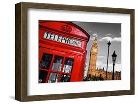 Red Telephone Booth and Big Ben in London, England, the Uk. the Symbols of London on Black on White-Michal Bednarek-Framed Photographic Print