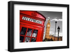 Red Telephone Booth and Big Ben in London, England, the Uk. the Symbols of London on Black on White-Michal Bednarek-Framed Photographic Print