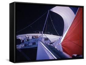 Red Topped Spinnaker Bellying Out from Nefertiti's Towering Mast During America's Cup Trials-George Silk-Framed Stretched Canvas