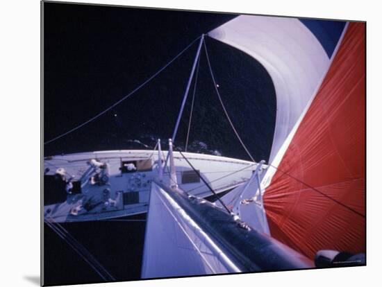 Red Topped Spinnaker Bellying Out from Nefertiti's Towering Mast During America's Cup Trials-George Silk-Mounted Photographic Print