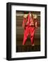 Red toreador bull fighting outfit for boy hangs in Centro old district of Sevilla Spain-null-Framed Photographic Print