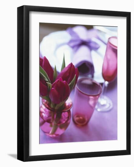 Red Tulips in Small Vase Beside Place Setting-Michael Paul-Framed Photographic Print