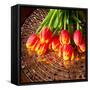 Red Tulips On Mosaic Table-volgariver-Framed Stretched Canvas