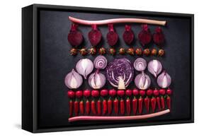 Red Vegetables Cut in Halves, Flat Lay Design on Dark Background, Symmetric-Marcin Jucha-Framed Stretched Canvas