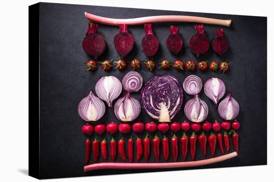 Red Vegetables Cut in Halves, Flat Lay Design on Dark Background, Symmetric-Marcin Jucha-Stretched Canvas