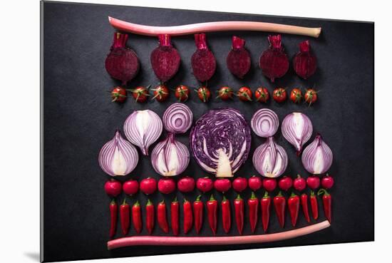 Red Vegetables Cut in Halves, Flat Lay Design on Dark Background, Symmetric-Marcin Jucha-Mounted Photographic Print