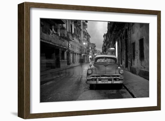 Red Vintage American Car Parked on a Floodlit Street in Havana Centro at Night-Lee Frost-Framed Photographic Print