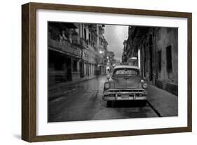 Red Vintage American Car Parked on a Floodlit Street in Havana Centro at Night-Lee Frost-Framed Photographic Print