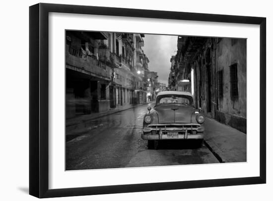 Red Vintage American Car Parked on a Floodlit Street in Havana Centro at Night-Lee Frost-Framed Photographic Print