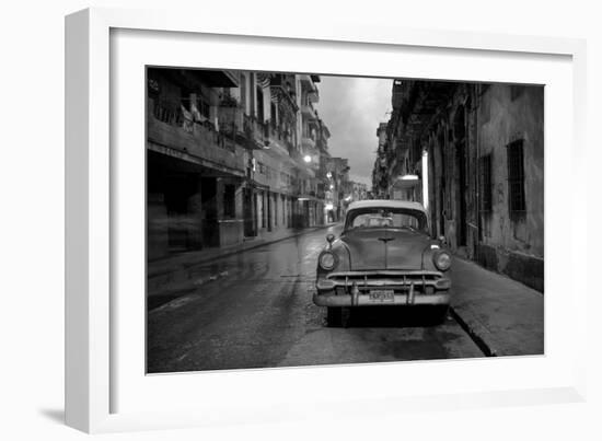 Red Vintage American Car Parked on a Floodlit Street in Havana Centro at Night-Lee Frost-Framed Photographic Print