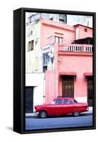 Red Vintage American Car Parked on a Street in Havana Centro-Lee Frost-Framed Stretched Canvas