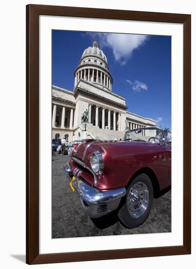 Red Vintage American Car Parked Opposite the Capitolio-Lee Frost-Framed Photographic Print