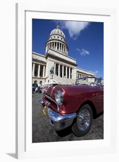 Red Vintage American Car Parked Opposite the Capitolio-Lee Frost-Framed Photographic Print